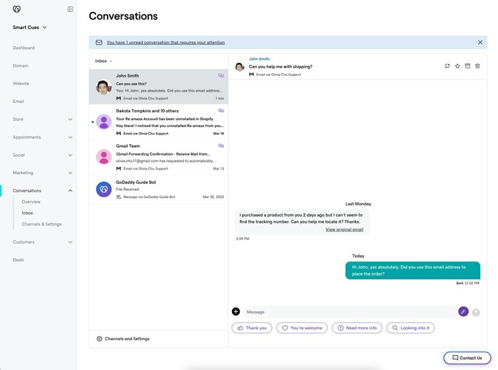 GoDaddy Conversations integrates Gmail and Microsoft 365 Emails