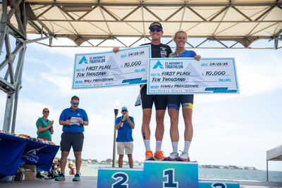 Marc Dubrick and Lisa Becharas, teammates on the Real Triathlon Squad, were winners at the 2024 St. Anthony's Triathlon on Sunday. Each took home a check for $10,000.