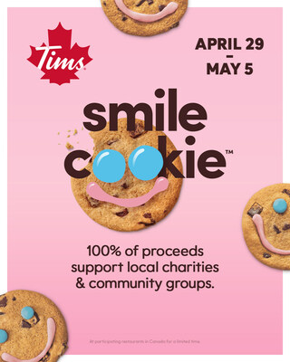 Tim Hortons week-long Smile Cookie campaign returns on April 29 with 100% of proceeds from each cookie sold donated to local charities and community groups (CNW Group/Tim Hortons)