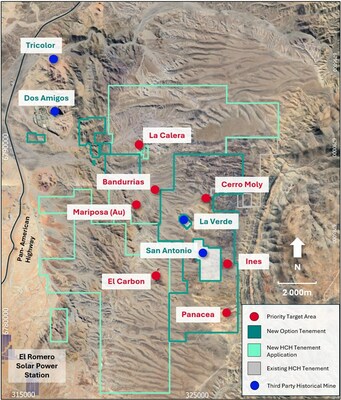 Figure 3. Location of the Domeyko landholding in relation to initial exploration targets (CNW Group/Hot Chili Limited)