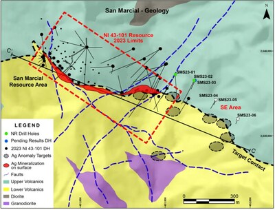 Figure 2: San Marcial Area Geology. Note the Ag anomalies along the target contact to the southeast. (CNW Group/GR Silver Mining Ltd.)