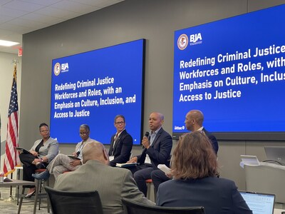New Blue Co-Founder Andy Saunders speaks on BJA's panel "Redefining Criminal Justice Workforces and Roles, with an Emphasis on Culture, Inclusion, and Access to Justice," moderated by BJA Director Karhlton Moore, alongside panelists Chief Sonia Quinones (Ret.), Professor Marcia Thompson, and Deputy Director of the Office of Access to Justice Christina Smith.