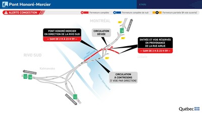 Pont Honor-Mercier - Entraves majeures le samedi 4 mai 2024. (Groupe CNW/Ministre des Transports et de la Mobilit durable)