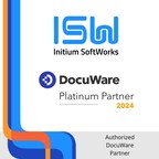 ISW logo above the DocuWare Platinum Partner 2024 logo with blue and orange piping on the left side and "Authorized DocuWare Partner" in the bottom corner.