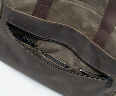 Front zippered pocket includes interior organizational pockets.
