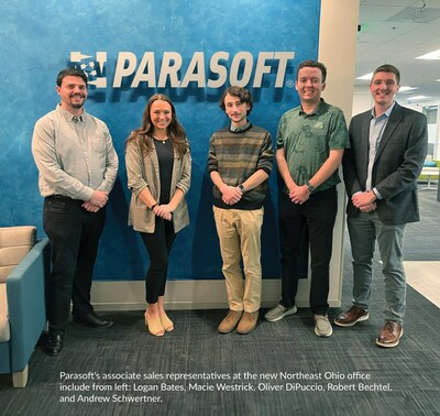 Parasoft's associate sales representatives at the new Northeast Ohio office include from left: Logan Bates, Macie Westrick, Oliver DiPuccio, Robert Bechtel, and Andrew Schwertner.
