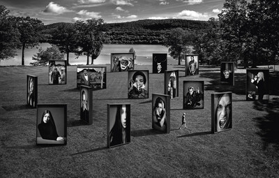 Conceptual rendering of the outdoor portion of Danish photographer Marc Hom's new exhibition, "Marc Hom: Re-Framed." Here his polished studio portraits are printed eleven feet high and mounted on frames that catch the weather, swiveling in the wind. Visitors will make their way through 28 images of ageless elegance?Anne Hathaway, Johnny Depp, Sofia Coppola, Cher?larger than life and perched in formation overlooking the pristine waters of Otsego Lake and its environs.
