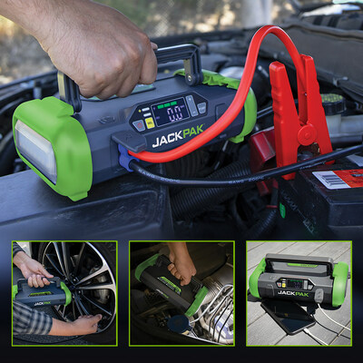 The centerpiece of JackPak's new Car Emergency Kits is the JackPak Ultra2500A 4-in-1 jump starter. This versatile tool delivers 2500 peak amps of power for jump-starting 12-volt cars, SUVs and light trucks. It also features a built-in air inflator to tackle flat tires, power bank to charge mobile devices, and bright 300-lumen flashlight to light the work area or signal for help, all in a compact, lightweight package.