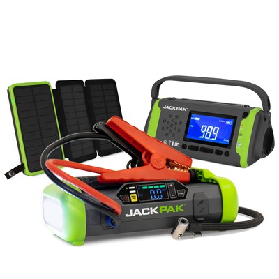 New JackPak Car Emergency Kits help keep you safe and connected when something goes wrong on the road. Jump-start a dead battery, fix a flat, light the area or charge your phone with the ULTRA2500A 4-in-1 jump starter. Every kit also includes an RL400 multifunction emergency radio that can run on batteries, solar power or with a hand crank. The JackPak Pro Car Emergency Kit pictured adds a new PB20KS solar power bank to harness the power of the sun for more backup electricity.