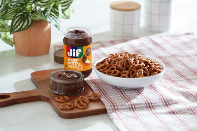 Snacking with Jif Peanut Butter and Chocolate Flavored Spread