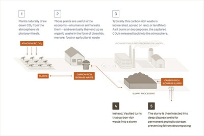 Vaulted's method of removing CO2 via underground injection of waste biomass.