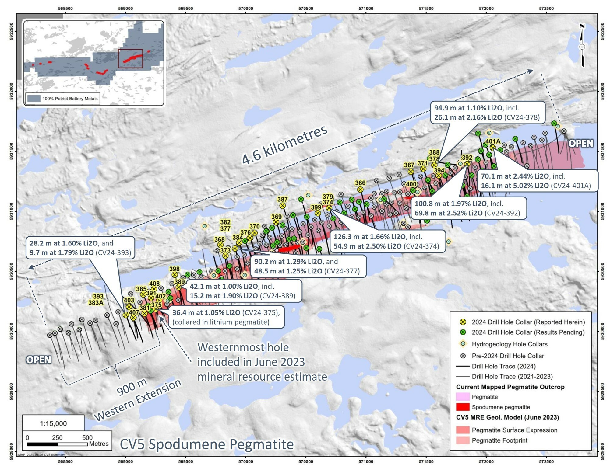 Figure 1: Drill holes completed at the CV5 Spodumene Pegmatite through April 2024. (CNW Group/Patriot Battery Metals Inc)