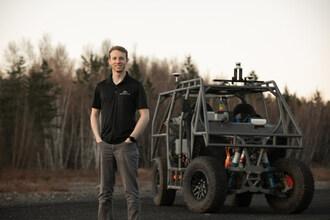 Potential CEO Sam Poirier with the company's P0 test vehicle, an all-electric, quad-motor, 550hp off-road technology testbed with an array of sensors (including cameras and lidar) to mirror any customer configuration. P0 is used to develop and refine Potential's core platforms Terrain Intelligence and Off-Road OS, which use forward-facing cameras and AI to interpret upcoming terrain conditions, features and hazards, equipping vehicles to become proactive instead of reactive. (CNW Group/Potential Motors)