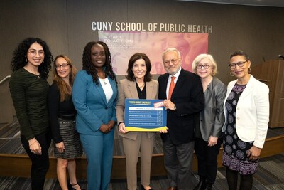 From left to right: Ira Memaj, Danielle Green, NYS Senator Cordell Cleare, Governor Kathy Hochul, CUNY SPH Dean Ayman El-Mohandes, Senior Associate Dean Terry McGovern, Associate Dean Lynn Roberts