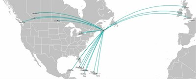 This map reflects WestJet Group capacity comprising WestJet and Sunwing Airlines service. (CNW Group/WESTJET, an Alberta Partnership)