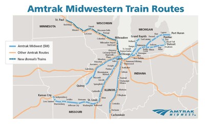 New "Amtrak Midwest" map shows "Borealis" service between Chicago and St. Paul, via Milwaukee