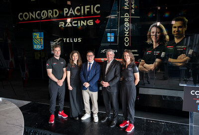 (left to right) Andrew Wood, lead of Concord Pacific Racing youth team, Jill Schnarr of TELUS, Terry Hui, President and CEO of Concord Pacific, Martin Thibodeau of RBC, and Isabella Bertold, captain of Concord Pacific Racing. (CNW Group/Concord Pacific Racing)