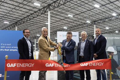 David Winter, co-CEO of Standard Industries, Georgetown Mayor Josh Schroeder, Ralph Robinettt, SVP of Manufacturing and Supply Chain, GAF Energy, Martin DeBono, President of GAF Energy, and David Millstone, cp-CEO of Standard Industries, cut the ribbon on GAF Energy's new 450,000-square-foot Timberline Solartm manufacturing facility in Georgetown, Texas.