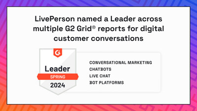 LivePerson (Nasdaq: LPSN), the enterprise leader in digital customer conversations, today announced that it has been named a Leader in G2's Grid reports for Bot Platforms, Chatbots, Conversational Marketing, and Live Chat. These recognitions are based on user responses to reviews and questions on G2, the world's largest and most trusted software marketplace.