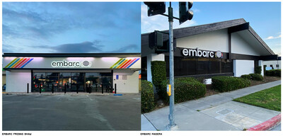 Entrances to Embarc Fresno Shaw and Embarc Madera in a side by side image