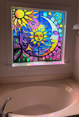 Decorating a tub window with AI generated art.