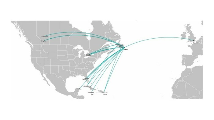 This map represent The WestJet's Group's capacity comprising of WestJet and Sunwing Airlines service. (CNW Group/WESTJET, an Alberta Partnership)