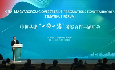 President of Xinhua News Agency Fu Hua addresses a conference focused on cooperation between China and Hungary under the Belt and Road Initiative (BRI) framework in Budapest, Hungary, on May 2, 2024. 