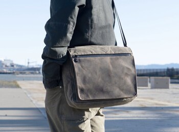 Shinjuku iPad Messenger in waxed canvas and full-grain distressed leather