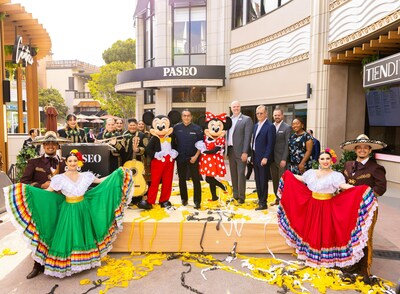 Disneyland Resort and Patina Restaurant Group celebrate the grand opening of Paseo, Céntrico and Tiendita by Chef Carlos Gaytán in the Downtown Disney District in Anaheim, Calif., May 1, 2024. On stage (L-R): Mariachi Divas; Mickey Mouse; Chef Carlos Gaytán; Minnie Mouse; Jason Smith, Downtown Disney District; Jerry Jacobs Jr., Delaware North; John "JK" Kolaski, Patina Restaurant Group; Jada Young, Disneyland Resort. Front stage: Folklorico Dancers (Photo: Christian Thompson/Disneyland Resort)