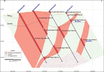 Figure 1: North Sector (Section 1 on Figure 4). High-grade and wide PGM+Au mineralization close to surface. (CNW Group/Bravo Mining Corp.)