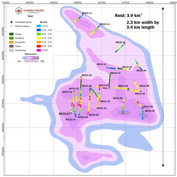 Figure 1 - Reid - CNC Drillholes Over Total Magnetic Intensity (CNW Group/Canada Nickel Company Inc.)