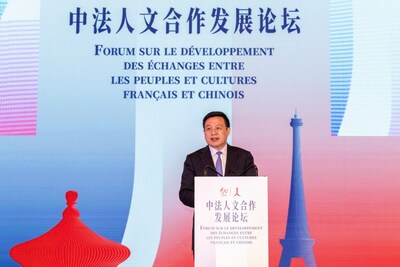 President of Xinhua News Agency Fu Hua attends a forum on the development of people-to-people and cultural exchanges between China and France and delivers a speech, in Paris, France, May 4, 2024. (Meng Dingbo) (PRNewsfoto/xinhuanet)