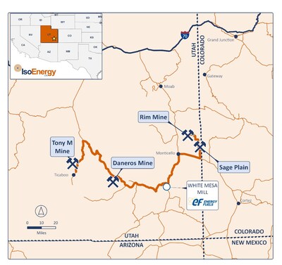 Figure 1 â Location map of the Tony M Mine, Rim Mine, Daneros Mine, and Sage Plain project in proximity to Energy Fuelsâ White Mesa Mill, the only operational conventional uranium mill in the U.S. with licensed capacity of over 8Mlbs of UâOâ per year, located in Utah. (CNW Group/IsoEnergy Ltd.)