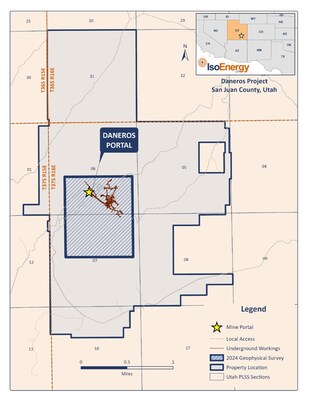 Figure 4 ? Location map of the Daneros Mine showing the location of the planned geophysical surveys over the historic workings and areas for exploration target generation (CNW Group/IsoEnergy Ltd.)