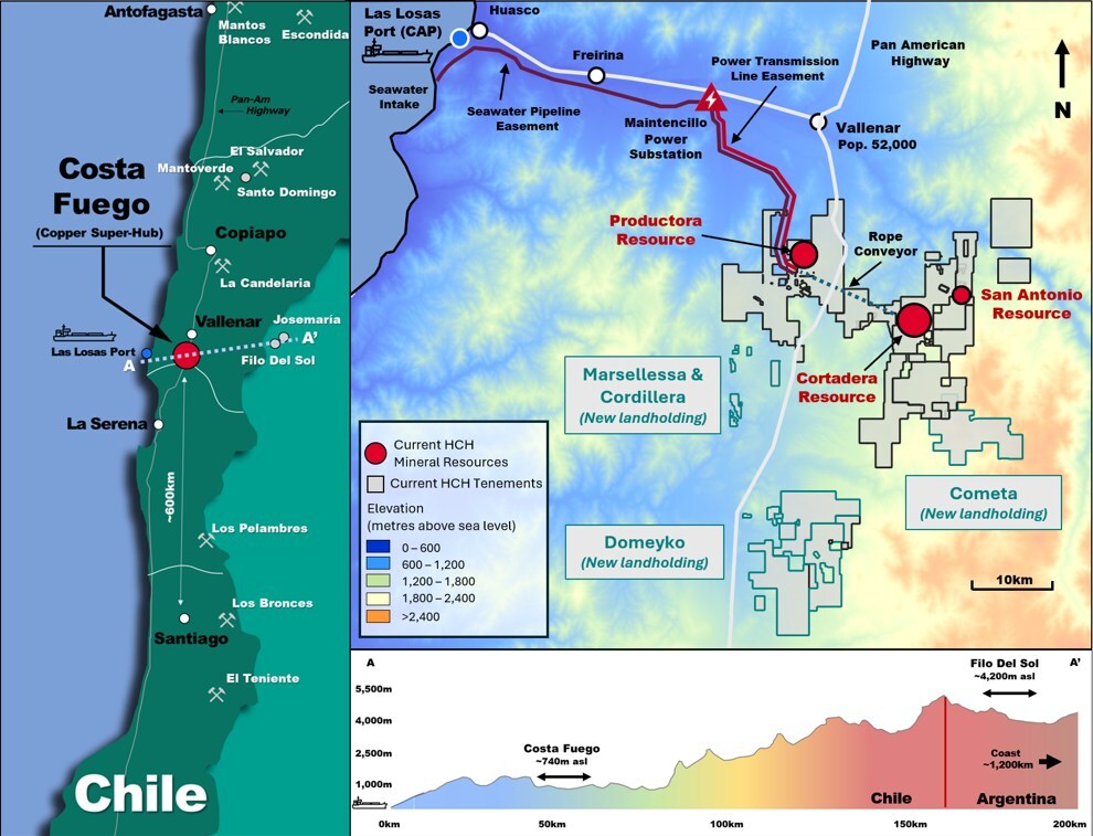 Figure 1. Location of Costa Fuego Project in relation to new landholdings and coastal infrastructure (CNW Group/Hot Chili Limited) Figure 1. Location of Costa Fuego Project in relation to new landholdings and coastal infrastructure (CNW Group/Hot Chili Limited)