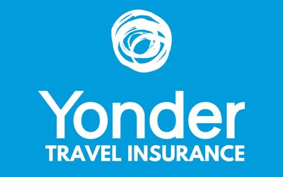 Yonder Travel Insurance logo with blue background, white text, and white swirl at top