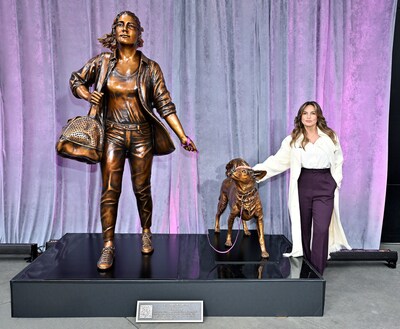 Mariska Hargitay teamed up with Purina in support of the Purple Leash Project to unveil a new statue, “Courageous Together,” showcasing a woman and her dog taking a first step as survivors leaving abuse, created by “Fearless Girl” artist Kristen Visbal.