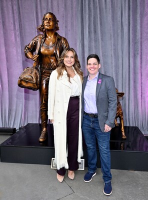 Mariska Hargitay teamed up with Purina to unveil a new statue, “Courageous Together,” by Kristen Visbal, which was commissioned as part of the Purple Leash Project, an initiative led by Purina and the nonprofit, RedRover, that aims to help more domestic violence shelters become pet-friendly. Pictured from left to right: Actress and advocate Mariska Hargitay and RedRover president and CEO Katie Campbell.