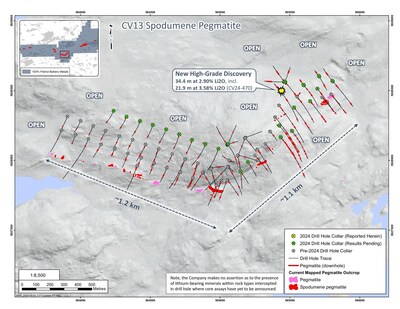 Figure 2: Drill holes completed at the CV13 Spodumene Pegmatite through April 2024. (CNW Group/Patriot Battery Metals Inc)