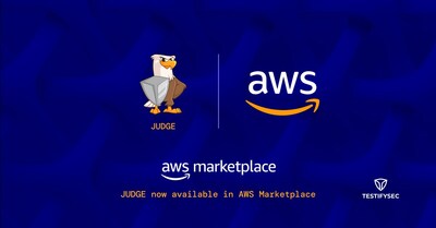 Graphic with Testifysec's JUDGE logo and AWS logo with words announcing the availability of JUDGE in AWS Marketplace.