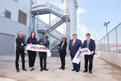 Ferrero commemorates the opening of its first US-based chocolate processing facility at 2501 Beich Road in Bloomington, IL. Left to right: Vice President of Industrial Operations Ferrero USA Federico Forti, Director of the Illinois Department of Commerce and Economic Opportunity Kristin Richards, Bloomington Mayor Mboka Mwilambwe, President and Chief Business Officer Ferrero North America Alanna Cotton, Illinois Governor JB Pritzker, and Ferrero Global Industrial Head of Operations Serge Nal.