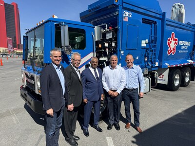 Republic Services COO Gregg Brummer (left) and CEO Jon Vander Ark (right) honored 2024 Operator of the Year Rob Hamil and Drivers of the Year Terrel Herring and Matthew Linden on Tuesday, May 7, 2024, at Waste Expo in Las Vegas.
