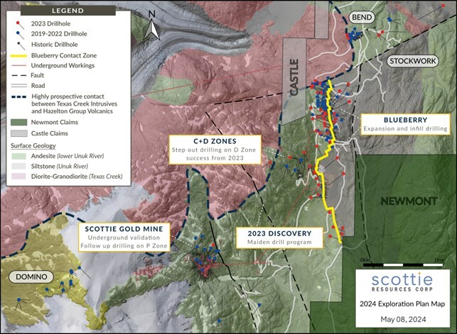 Figure 1: Overview plan view map of the Scottie Gold Mine Project, illustrating known mineralized zones along the margin of the Texas Creek intrusive, and the planned 2024 exploration objectives. (CNW Group/Scottie Resources Corp.) Figure 1: Overview plan view map of the Scottie Gold Mine Project, illustrating known mineralized zones along the margin of the Texas Creek intrusive, and the planned 2024 exploration objectives. (CNW Group/Scottie Resources Corp.)