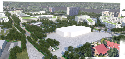 Emplacement de la future place publique, située entre la mairie d’arrondissement et le centre aquatique présentement en construction. (Groupe CNW/Arrondissement de Pierrefonds-Roxboro (Ville de Montréal))