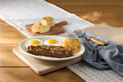 Now available at Cracker Barrel, a delicious 10 oz. New York Steak Strip topped with garlic butter sauce, served with two eggs plus choice of side and Buttermilk Biscuits.