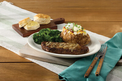 New 10 oz. New York Steak Stip topped with garlic butter sauce and served with choice of two sides and bread - now available this summer at Cracker Barrel!