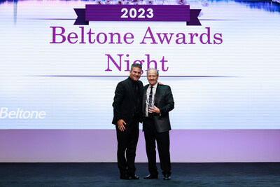 President of Beltone North America, David Molella, with 2023 President's Cup winner, Independent Beltone Owner, James Reynolds of Savannah, GA