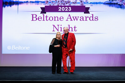 Sr. Director of Dispenser Relations, Roberta Miller with Independent Beltone Owner, Charles Lednum, Jr. of Cambridge, MD, who received a Milestone Service Award for his remarkable 70 years of service with Beltone