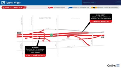 Tunnel Viger : Fermeture complète de la route 136 et des tunnels Ville-Marie et Viger du 10 au 13 mai 2024 (Groupe CNW/Ministère des Transports et de la Mobilité durable)