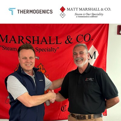 Bill Baird, Vice President, North America, Thermogenics shakes hands with Marlon Marshall, General Manager of Matt Marshall & Co. (CNW Group/Thermogenics Inc.)